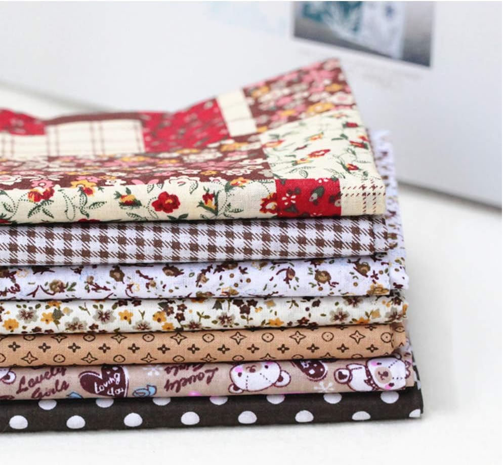 7pcs/Set 25x25cm Mixed Cotton Fabric DIY Printed Cloth Sewing Quilting Fabrics for Patchwork Needlework Handmade Accessories (Brown)