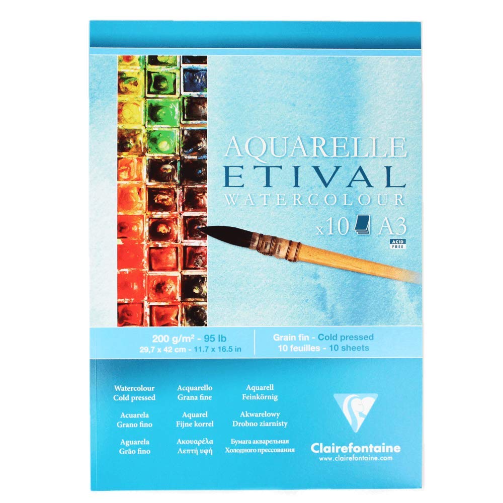 Clairefontaine - Ref 96303C - Etival Cold Pressed Economical Glued Watercolour Painting & Drawing Pad (10 Sheets of Paper) - A3 (42 x 29.7cm) - 200gsm Cellulose Art Paper