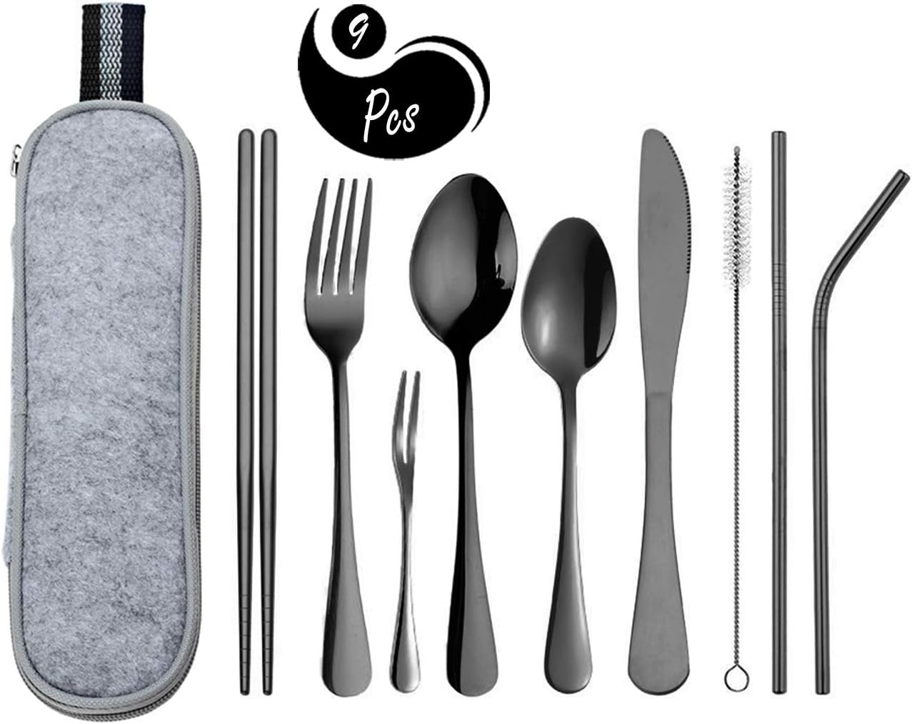 AARainbow 9 Pieces Stainless Steel Flatware Set Reusable Cutlery Set Travel Utensils Set Chopsticks Knife Fork Spoon Portable Dishwasher Safe (B-9 Black)