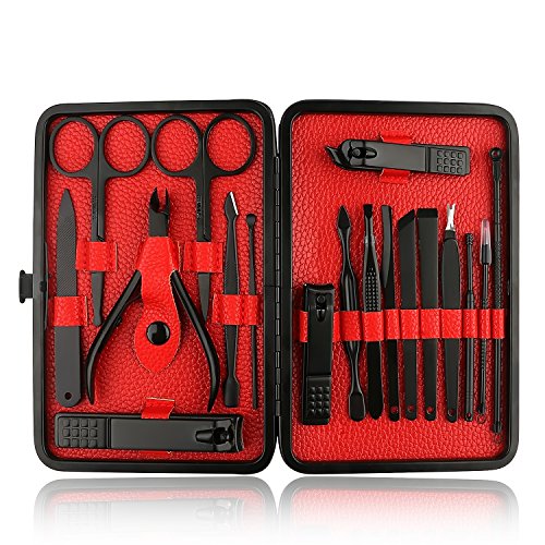 Manicure Pedicure Suit Kit - 18 PCS Black Stainless Steel Matte Nail Clippers Set, 18 in 1 Professional Grooming Kit with Toenail Nipper, Nail Tools with Black Travel Case, Facial Care Tools - Thumbnail 6