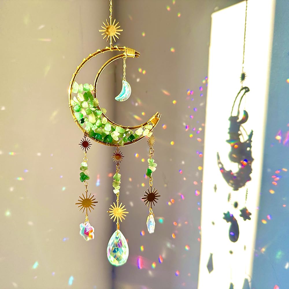 Cnwinu Crystal Suncatcher, Gold Moon Catchers Hanging with Chain Pendant Ornament, Rainbow Sunlight Deco, Wind Chimes for Window Bedroom Car Home Garden Party Decorations (Hourglass Moon Green)