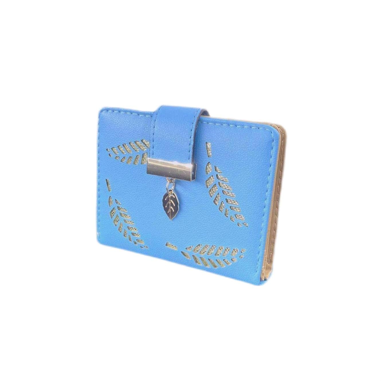 HXT-OAK Women's Leaf Hollow Design PU Leather Wallet with Leaf Pendant 5 Card Slots and ID Window Blue