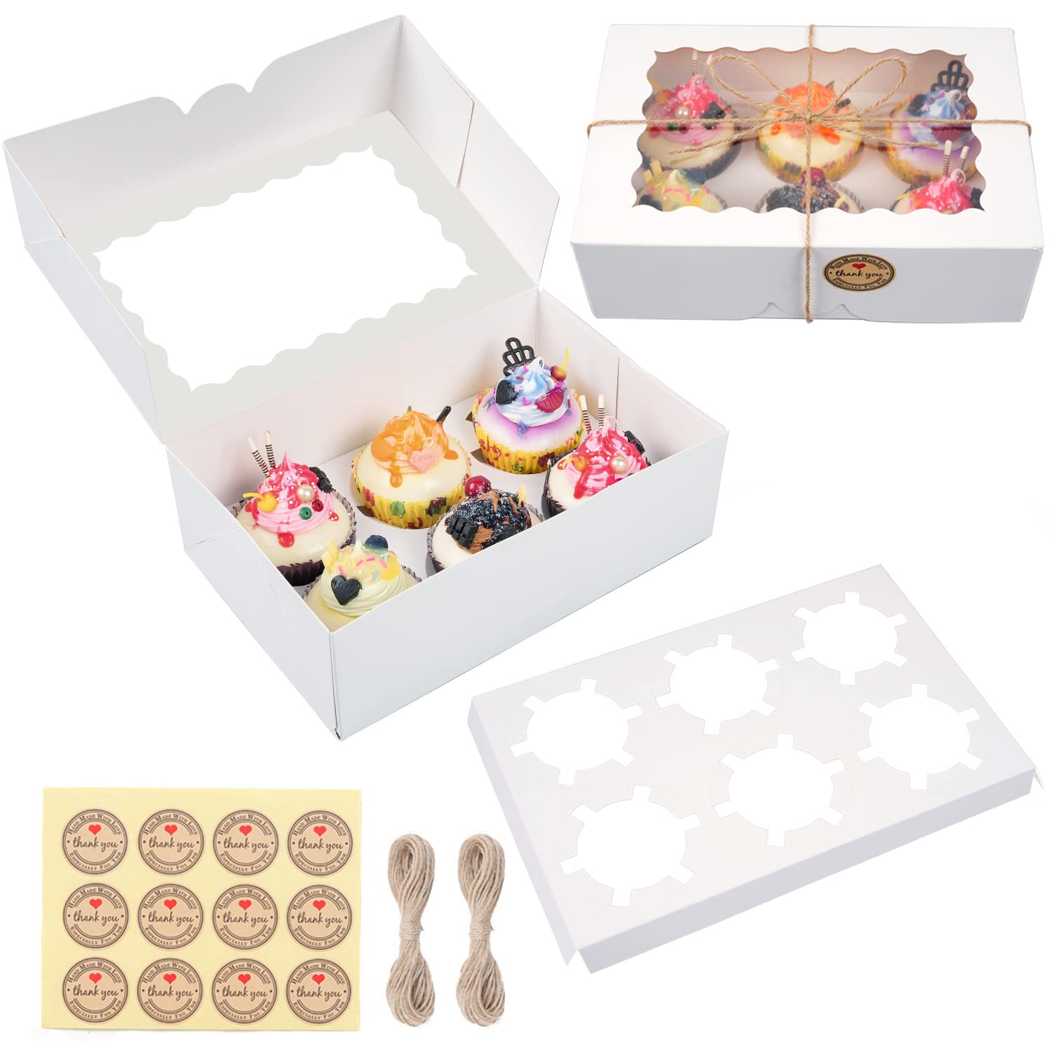 MAMUNU 10PCS 6 Cavity Cupcake Boxes with Window and Inserts, White Bakery Cookie Carrier Boxes Containers Holders with Stickers and Twine String for Muffins Cupcakes Pastries - 23.7x15.7 x 7.6cm
