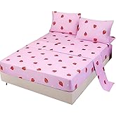 SDY 4PCS Strawberry Bedding Sheets,Queen Size Red and Pink Strawberry Print Sheet Set with 1 Kawaii Top Flat Sheet + 1 Deep Pocket Fitted Sheet + 2 Pillowcases for Teen Girls