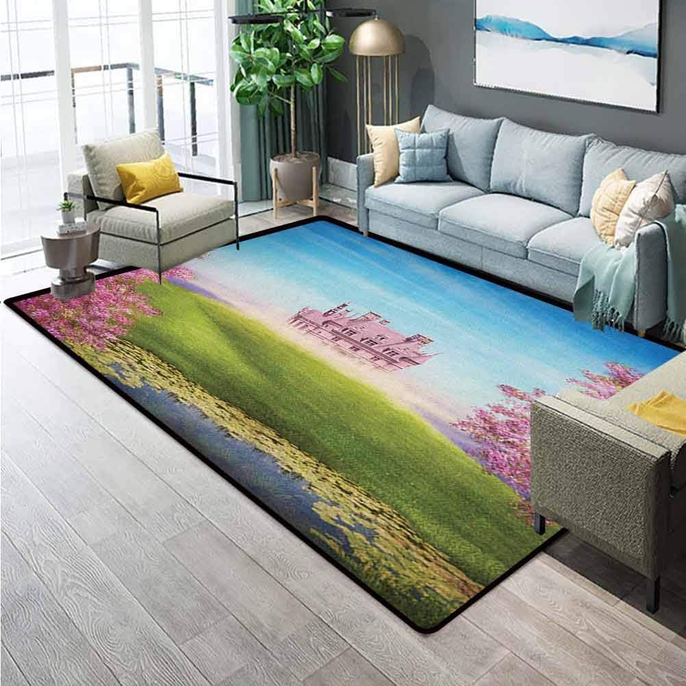 Amazon Com Princess Christmas Bathroom Rugs Patio Rugs Fairy Tale Landscape With Castle Cheery Blooms And Greenland Nature Romance Furniture Carpet Protectors Pink Green Blue 5 X 6 Ft Kitchen Dining