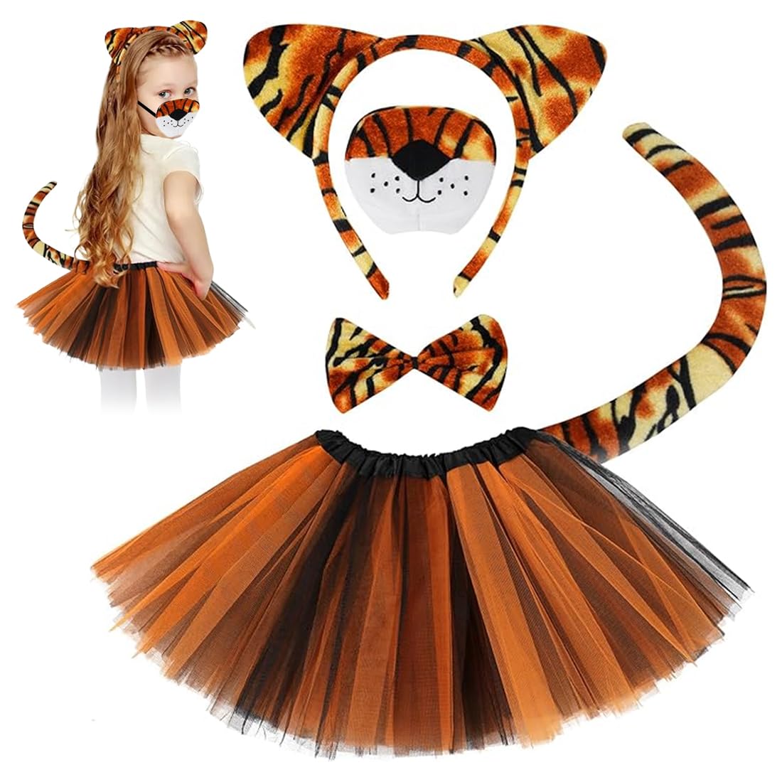 UZEXYO 5pc Set Tiger Costume Kids with Tutu Skirt Ears and Tail Animal Fancy Dress for Girls World Book Day Halloween Party
