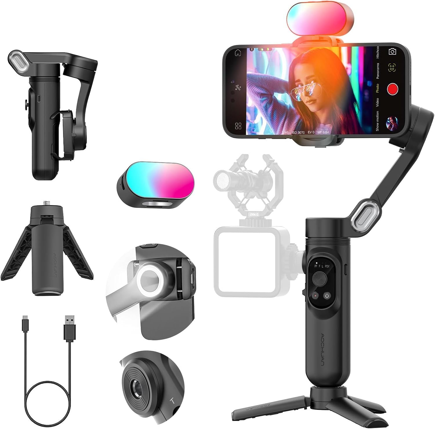 AOCHUAN Handheld Gimbal Stabilizer for iPhone 15/14 Android Phone 3-axis Phone Stabilizer for Video Recording Vlogging, Smartphone Gimbal w/RGB Light,AI Tracking for TikTok YouTube(Smart X Kit Black)