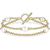 Gold Pearl Bracelet for Women, REAL 14K Gold Plated Double Layered Dainty Pearls Bracelet, Elegant Stackable Flower Jewelry Gift for Her with OT Clasp