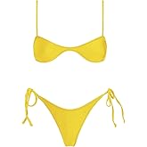 VOLAFA Women's Triangle Bikini Sets Tie Sexy Thong Solid Cheeky Swimsuit Brazillian Two Piece Bathing Suit (Large, Yellow1)