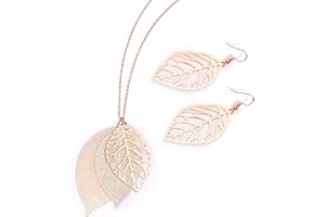 NVENF Leaf Earrings and Long Necklaces Set for Women Boho Gold-tone Multi Tiered Leaves Delicate Chain Dangle Necklace SimpleLeaf Statement Dangling Earrings