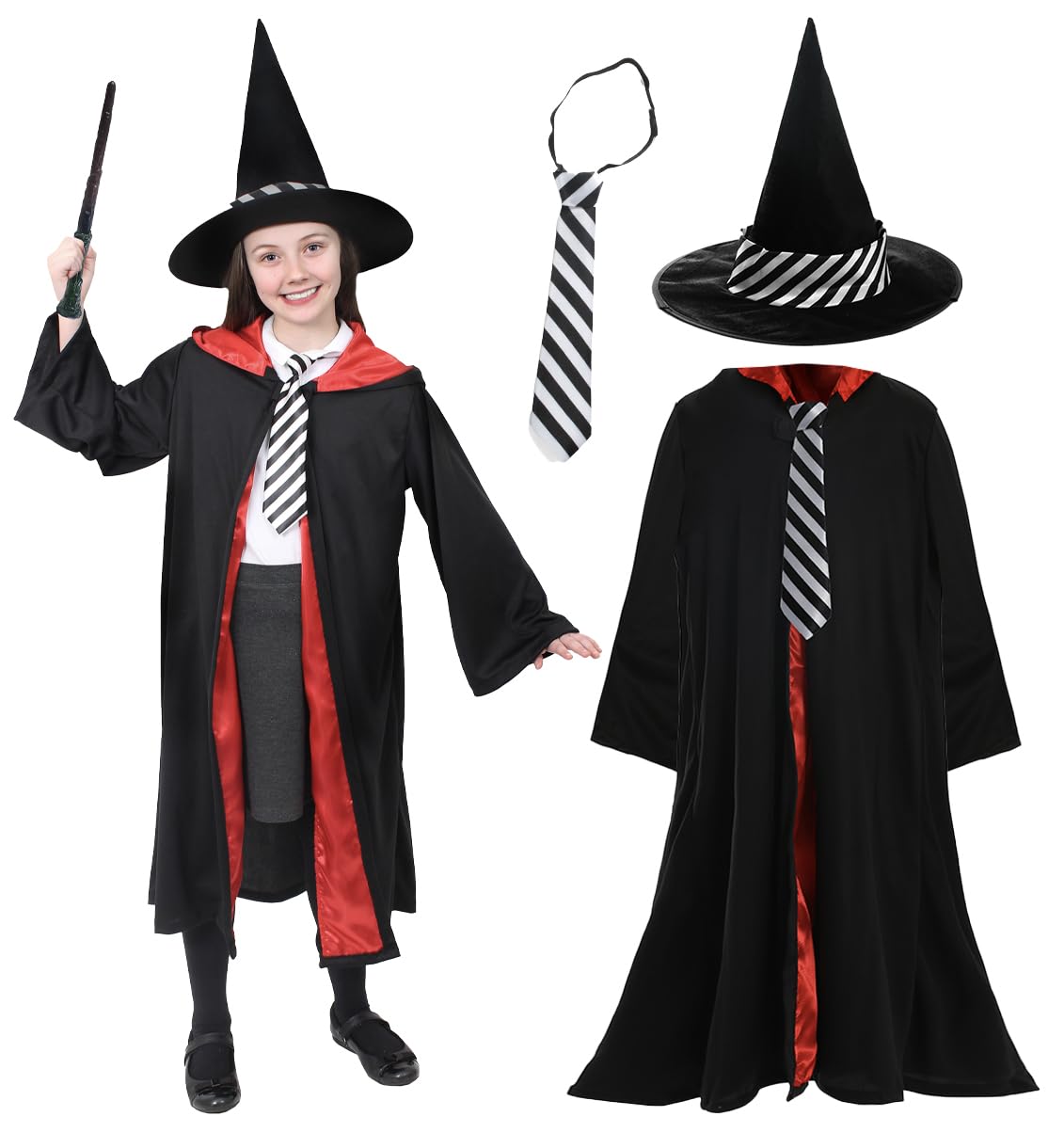 Girls School Witch Costume - Small - Black Cape with Matching Hat and Black & White Striped Tie - World Book Day Fancy Dress Costume