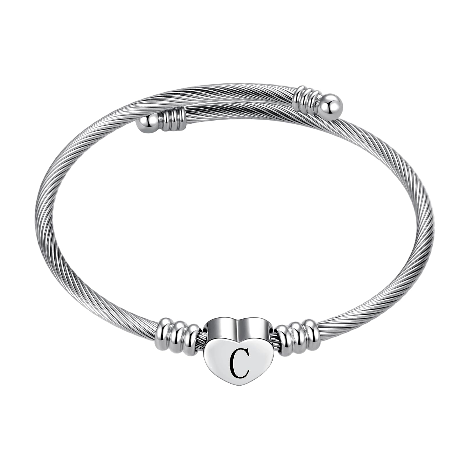 SBI Jewelry Silver Initial Cuff Bracelet Letter C Heart Bangle Bracelet Gift for Sister Mum Birthday
