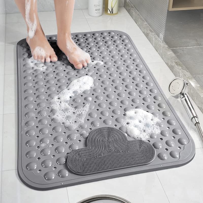 Moulaelos Non-Slip Shower Mat, 120x80cm, TPE, Anti-Mould & Mildew - Soft & Comfortable, Strong Suction Cups with Drain Holes, Machine Washable (Gray)