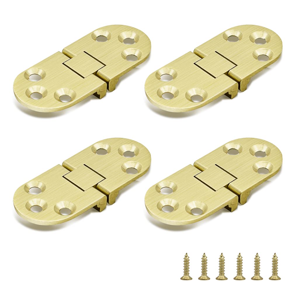 SHRJ 4 Pcs Brass Butler Tray Hinge Round Edge, 180 Degree Folding Flip Top Ellipse Table Clamshell Hinge for Folding Furniture Sewing Machine with Screws