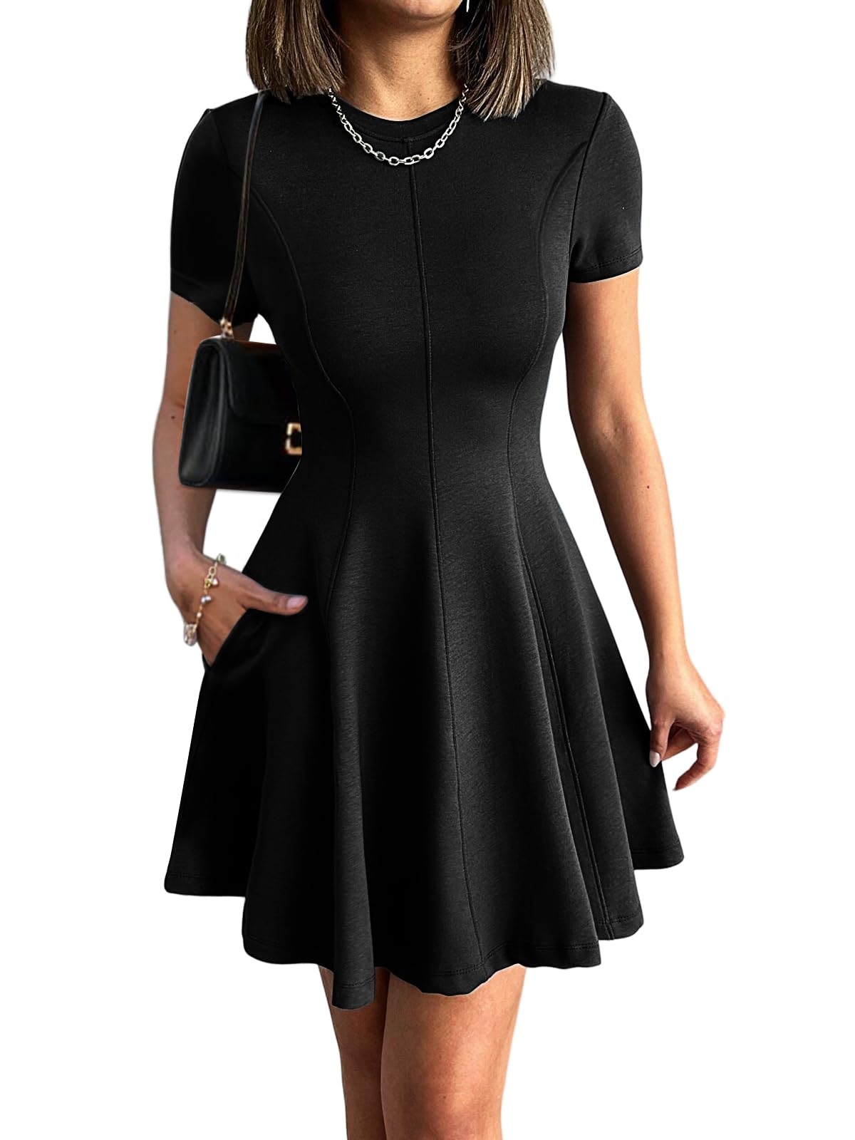 Mieazom Women's Summer Semi Formal Dress Short Sleeve A Line Ruffle Mini Short Dresses for Casual Business Work with Pockets Black M