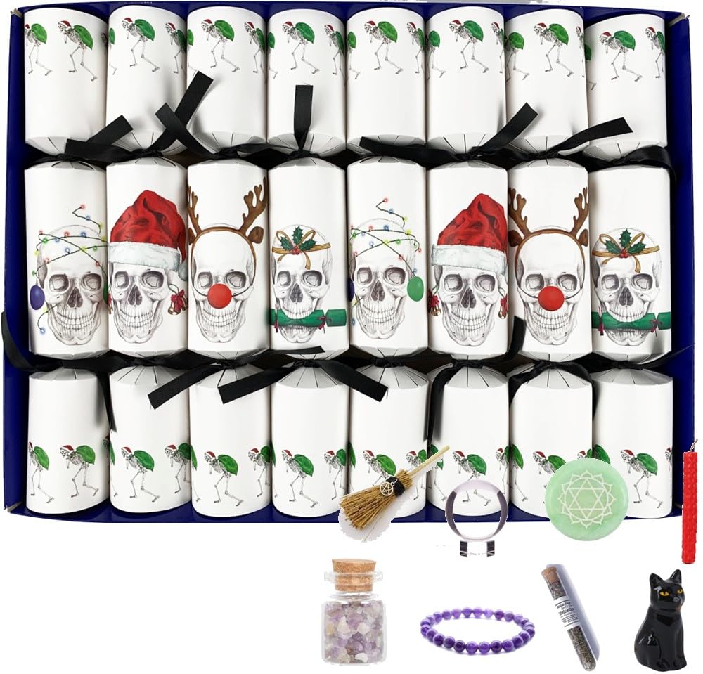 The Dark Side of Christmas Skull Christmas Crackers, Set of 8, 30 cm, with appropriate gifts, and christmas skull hats