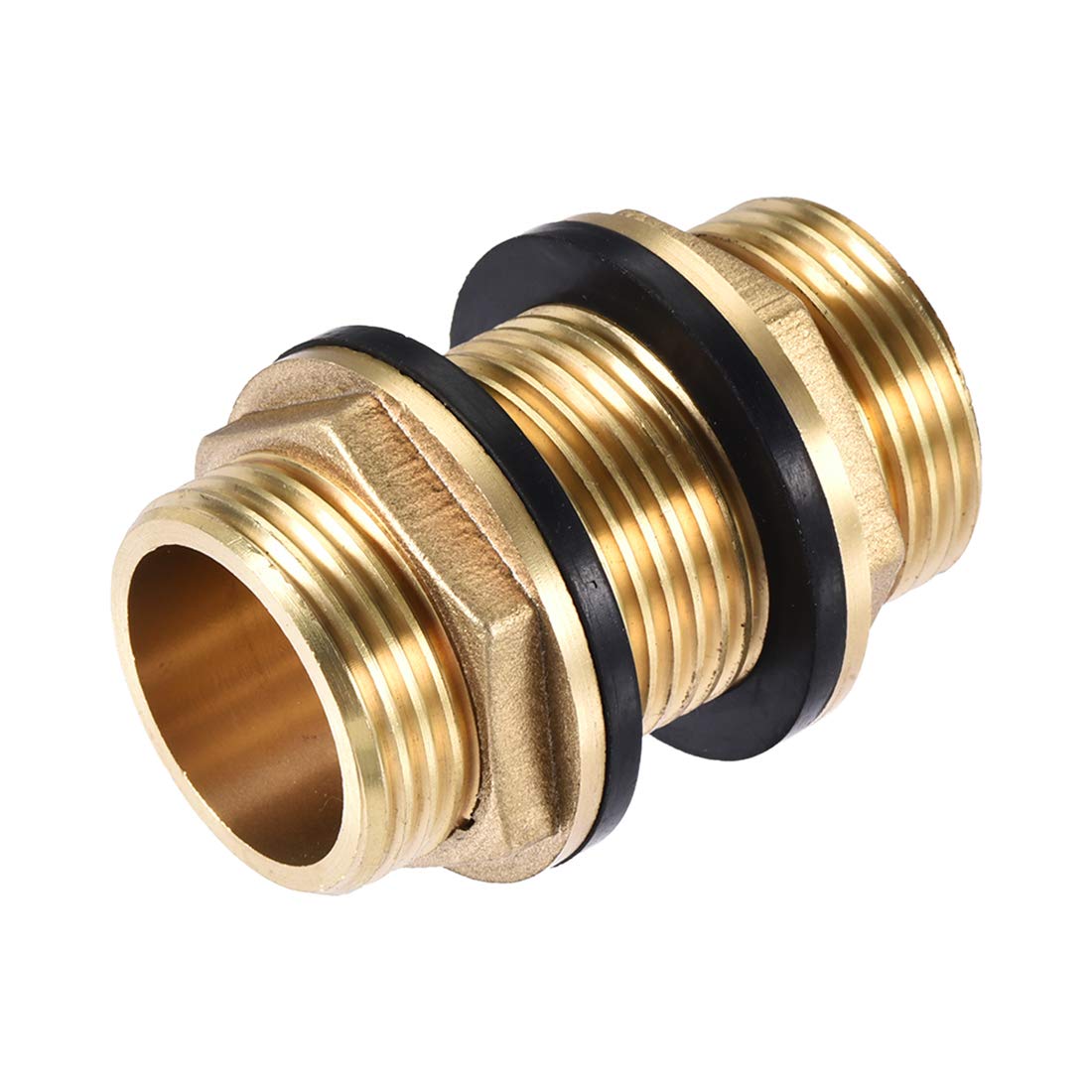 sourcing map Bulkhead Fitting, G1 Male, Tube Adaptor Connector Hose Fitting, with 2 Silicone Gaskets, for Water Tanks, Brass, Gold Tone