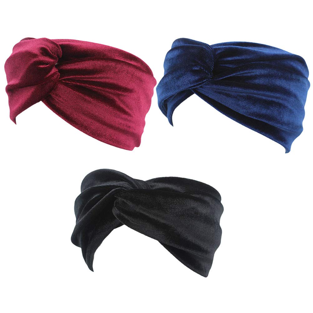 Minkissy 3pcs Turban Headbands Velvet Criss Cross Head Wraps Elastic Twisted Hair Bands for Yoga Workout Sports