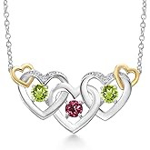 Gem Stone King 925 Silver and 10K Yellow Gold Pink Tourmaline Green Peridot and White Lab Grown Diamond Heart Shape Pendant Necklace For Women (0.91 Cttw, with 18 Inch Chain)