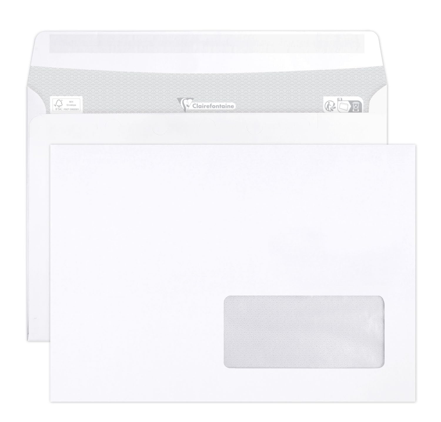 Clairefontaine 10242C - Box of 500 White Envelopes - C5 - 162x229mm - Self-adhesive - 90g/m² - Window Crystal Paper 45x100 - (position 20/20) - Mailing