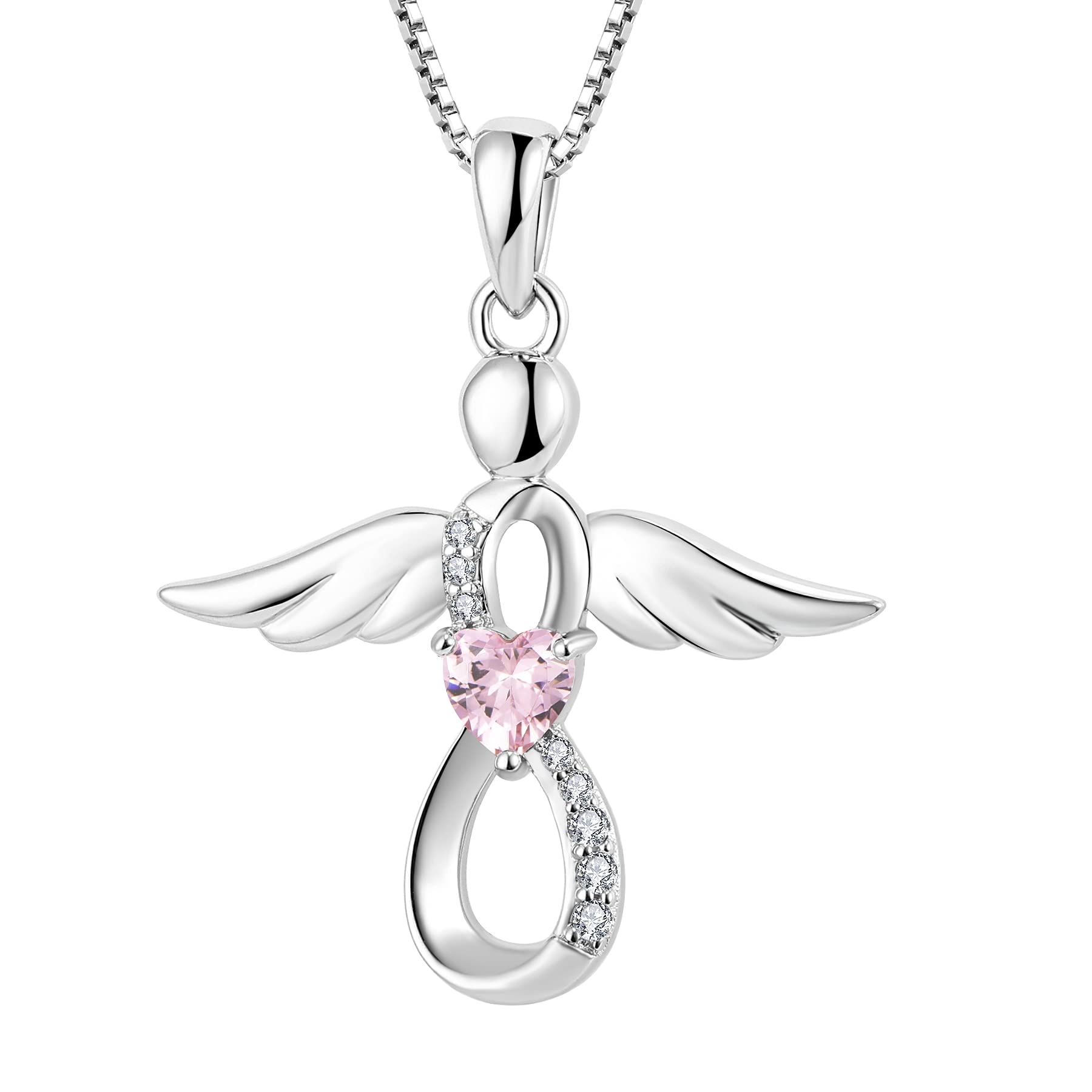 FJ Guardian Angel Necklace 925 Sterling Silver Infinity Pendant Pink Tourmaline Necklace October Birthstone Jewellery for Women