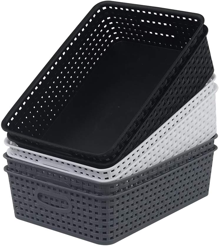 Sandmovie Black White Deep Grey A4 Plastic Storage Baskets, 6-Pack