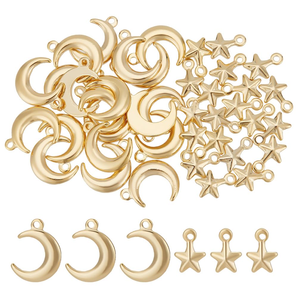 HOBBIESAY 40Pcs 2 Styles Real 24K Gold Plated Star Charms Brass Moon Charms Celestial Pendants Mixed Styles Pendants 3D Star Charms for Jewelry Making Necklace Bracelet Earring DIY Craft