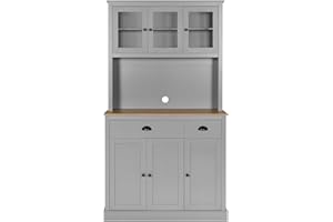 Yardenaler 71" Tall Kitchen Pantry with Microwave Stand, Freestanding Hutch Storage Cabinet Cupboard with Countertop, Drawers, Shelves & Doors for Kitchen, Dining Room, Living Room, Gray