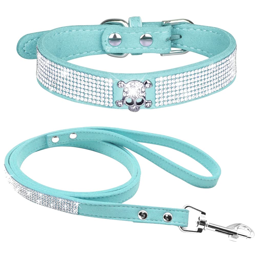 haoyueer Rhinestone Dog Collar, Cute Dazzling Sparkling Soft Suede Leather Dog Cat Rhinestone Collar Leash Crystal Diamond Pet Dog Puppy Collar (M, Blue-5)