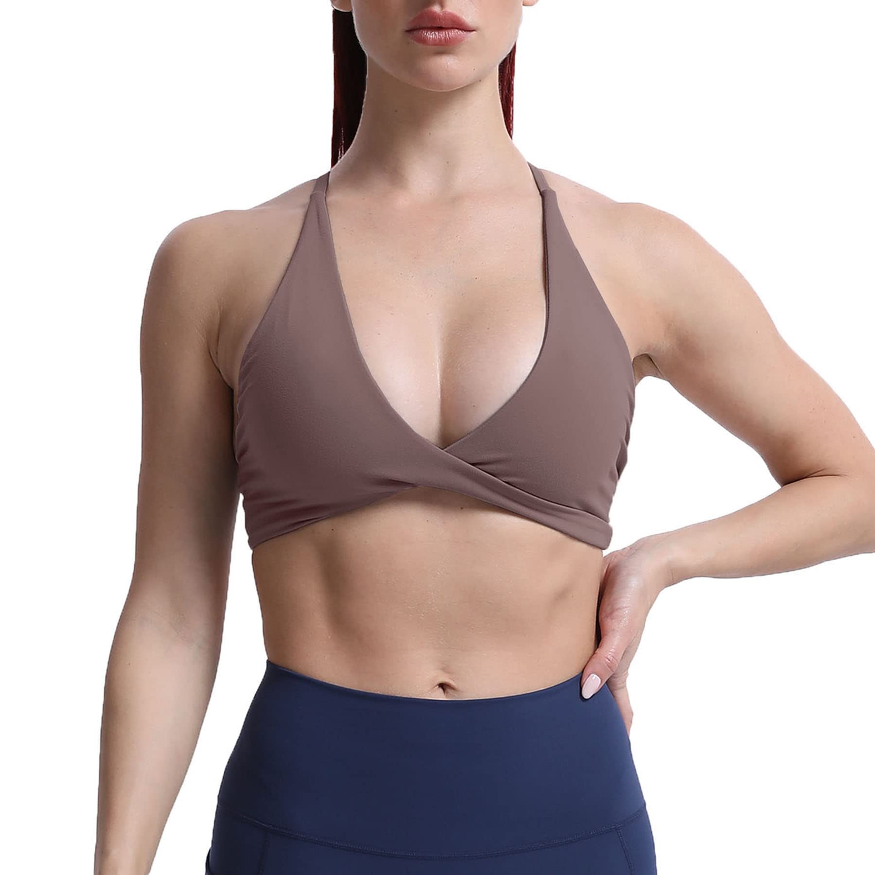 Photo 1 of Aoxjox Women's Workout Sports Bras Fitness Backless Padded Sienna Low Impact Bra Yoga Crop Tank Top (Fudge Coffee, Large)