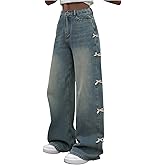 SweatyRocks Girl's Baggy Jeans Cute Bow Elastic Waist Wide Leg Denim Pants Long Trousers