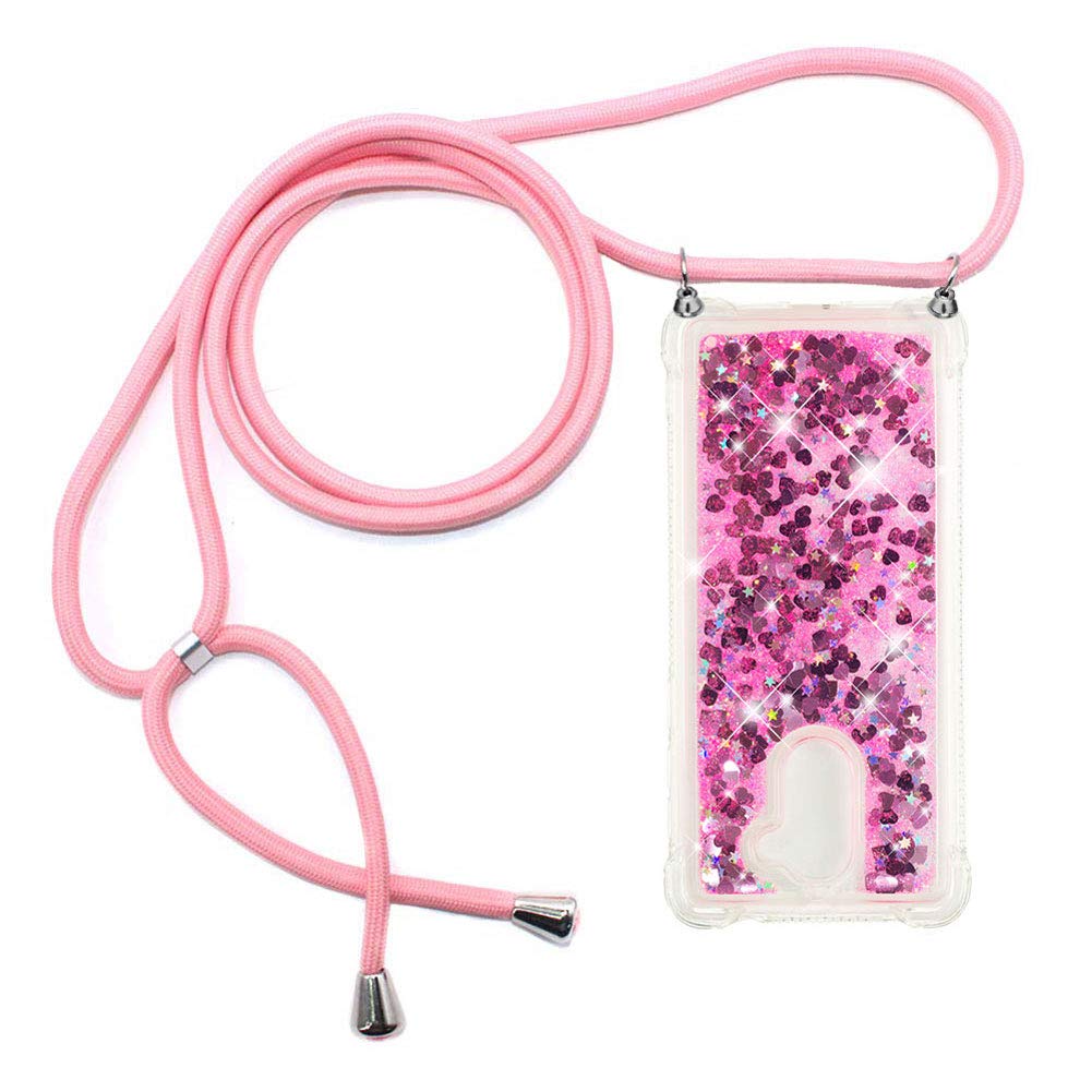 Ptny Glitter Case Compatible with Huawei Honor 6C, for Girls Bling Quicksand Liquid Sparkle Case with Adjustable Neck Strap Lanyard, Soft TPU Bumper Shockproof Cover - Pink