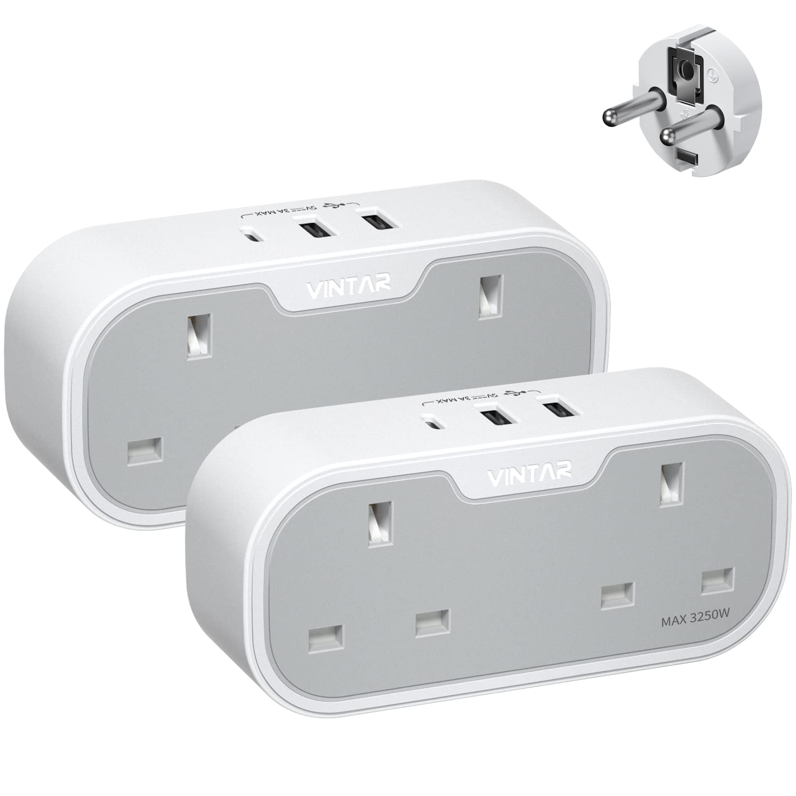 UK to European Plug Adapter, VINTAR 2 Way Grounded Schuko Europe Travel Adapter with 2 USB A 1 USB C Ports, Double Plug Adaptor UK to EU for Germany France Spain Russia and More (Type E/F),2 Packs