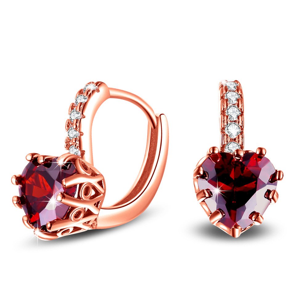 Uloveido Rose Gold Plated Women Red Cubic Zriconia Crystal Love Heart Lever Back Earrings Simulated Ruby Garnet Diamond Drop Earrings Wedding January Birth-Stone Jewelry HE515