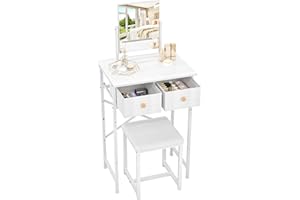 X-cosrack Small Makeup Vanity Desk with Mirror & Chair, Mini Vanity Desk Table Set with Fabric Storage Drawer, 19.7" Compact Vanity Desk for Girls, Dressing Table with Chair for Bedroom, White