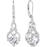 Rocayi Princess Cut Leverback Dangle Drop Earrings 925 Sterling Silver Infinity Knot Earrings Birthstone Jewelry Gifts for Women