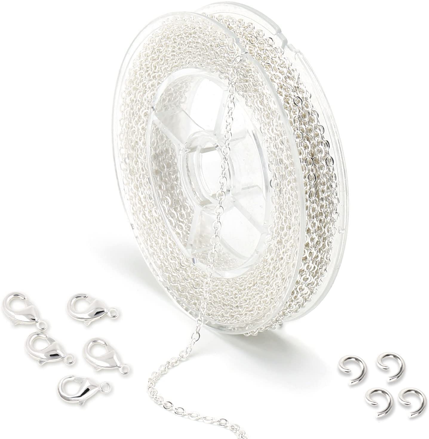 ALEXCRAFT Silver Necklace Chains for Jewellery Making, 33 Feet 1.5mm Curb Cable Spool Brass Gold Plated Silver Chain for Craft Bracelet Jewellery DIY Chain with 20 Lobster Clasps and 50 Jump Rings