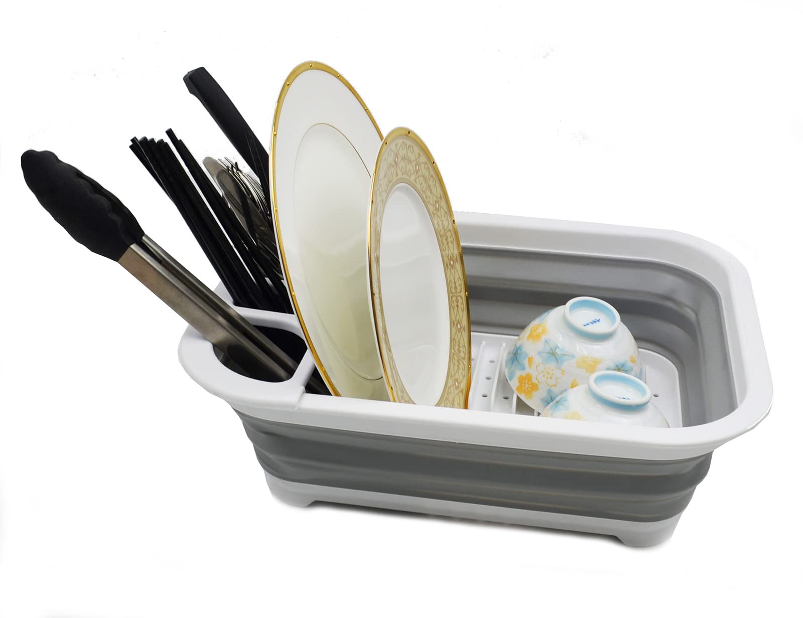SAMMART Collapsible Plastic Dish Drainer - Foldable Drying Rack - Portable Dinnerware Organizer - Space Saving Kitchen Storage (1, White/Grey (w/o base board))