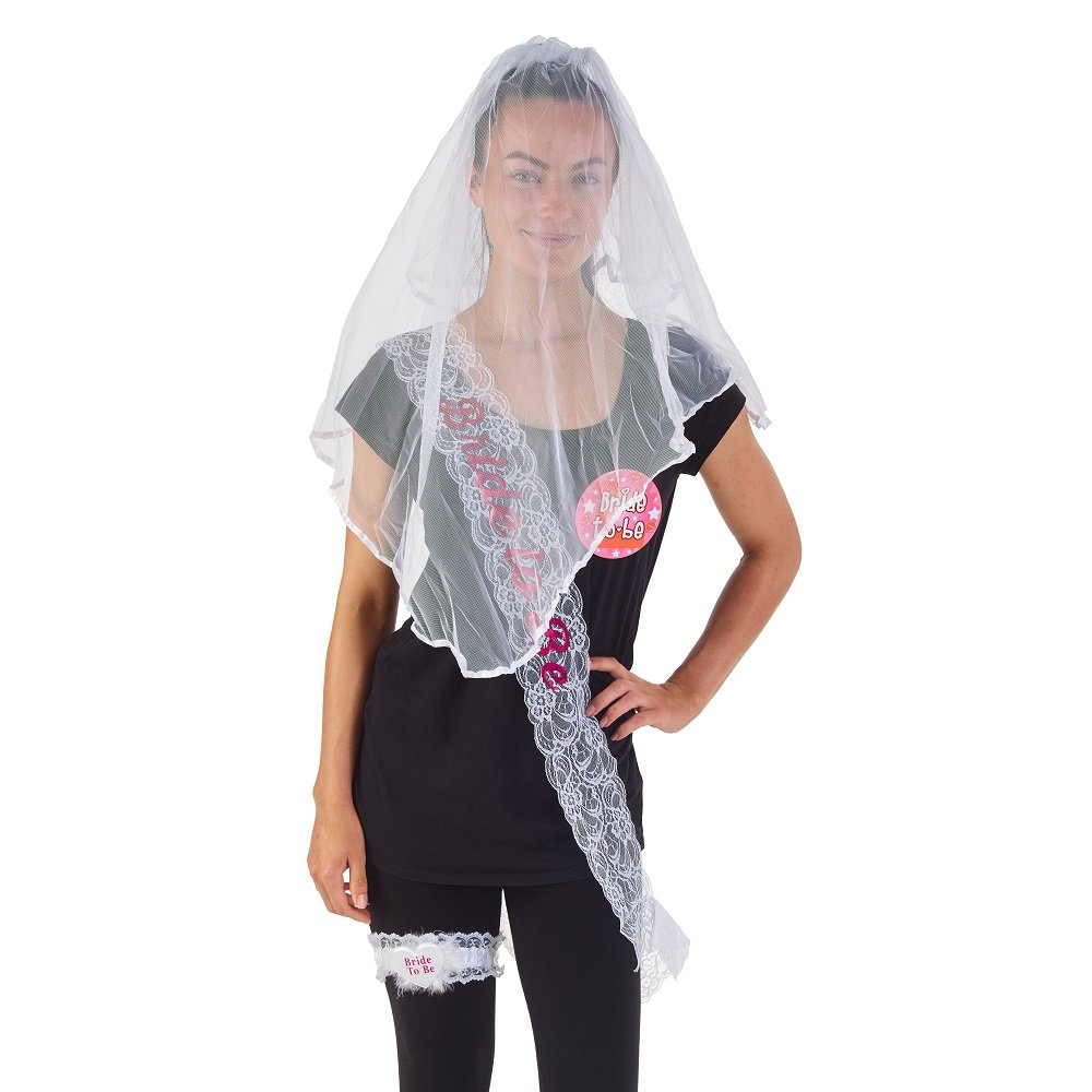 Hen Party Accesories Bride to Be - 4 piece set Hen Do Games Decorations Veil Badges Sash Garter