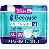 Because Overnight Absorbency Pull Ups - Adult Disposable Incontinence Underwear, Extra Absorbent Nighttime Briefs for Men and Women, White, XLarge, 20 Count