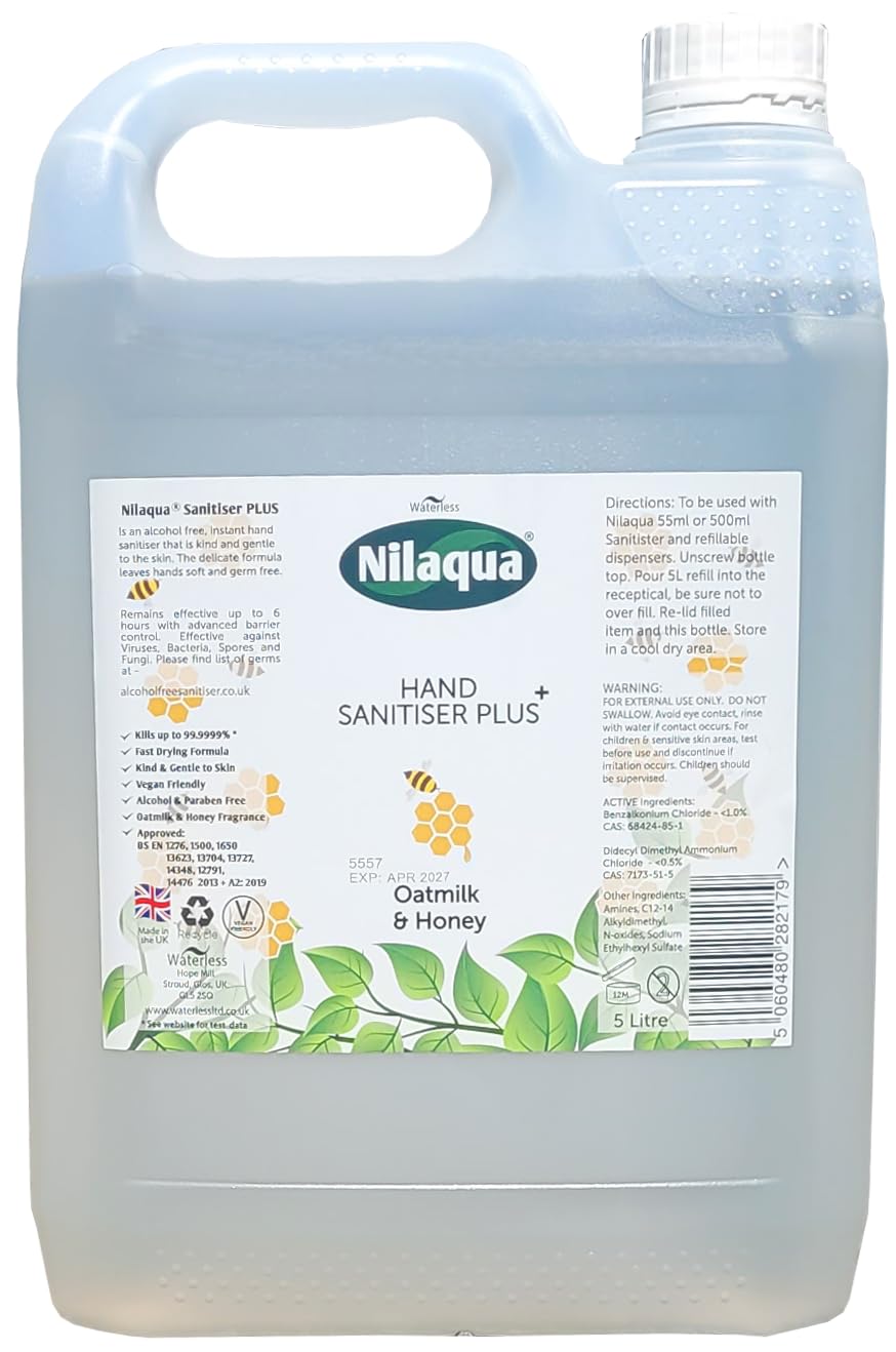 Nilaqua Fragranced Foaming Hand Sanitiser, Oatmilk and Honey Scent, Long Lasting Protection, Suitable for All Skin Types 5000ml. Liquid Refill for foaming bottles.