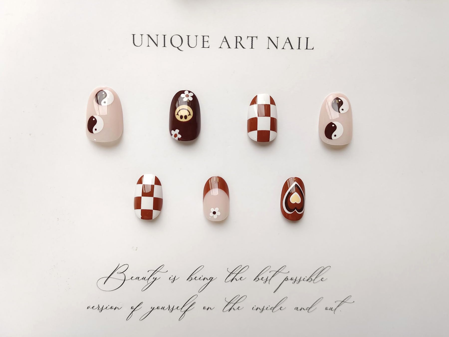 Short Press on Nails Fall Cute Face Fake Nails Winter Brown Oval Glue on Nails Glossy Coffee with Checkerboard Flower Heart Design Short Nails Full Cover French Tip False Nails for Women Girls - Image 2
