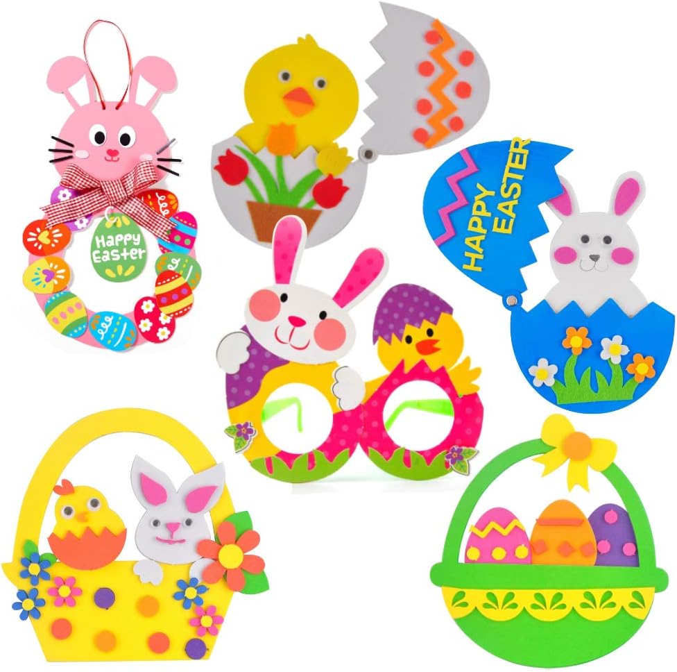 BigOtters Easter Craft Kits, 6PCS DIY Sets Including Hatching Chick Bunny Egg Easter Basket Craft Stick Sign Bunny Wreath and Rabbit Glasses for Kids Favor Classroom Daycare Homeschool Art Decor