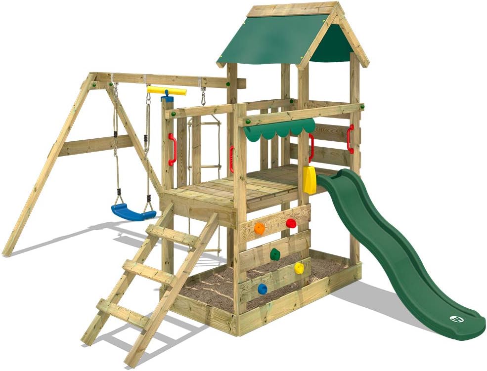 WICKEY Parque infantil de madera TurboFlyer con columpio y tobogán verde, Torre de escalada da exterior con arenero y escalera para niños