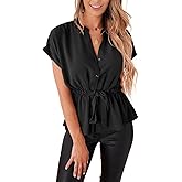Womens Button Down Blouses Casual Peplum Summer Tops Dressy Chiffon Work Blouse