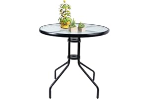 Vipush 24" Outdoor Bistro Table Round Patio Side Table Dining Table with Glass Table Top Metal Coffee Table for Lawn Garden Pool Steel Frame Commercial Party Table Black