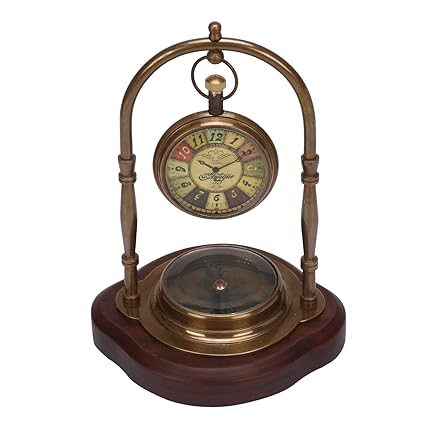 Kartique Antique Style Brass Hanging Watch with Directional Compass | Wooden Frame | for Mantel | Desk | Shelf | Table | Design : Paris France Antique