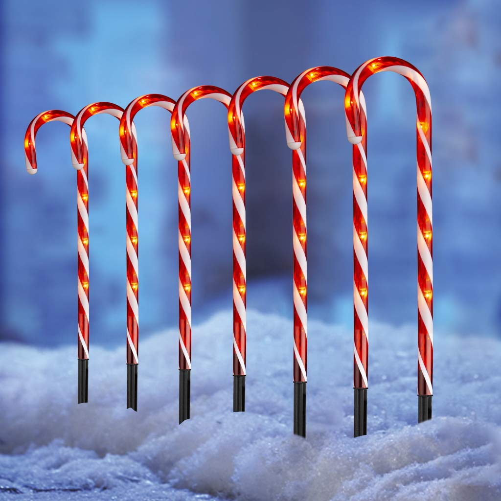 Vanthylit Outdoor Christmas Decoration 8PK Candy Cane Lights with 64 LEDs Pathway Christmas Markers with 8 Modes Plug in for Yard Garden Lawn (44cm)