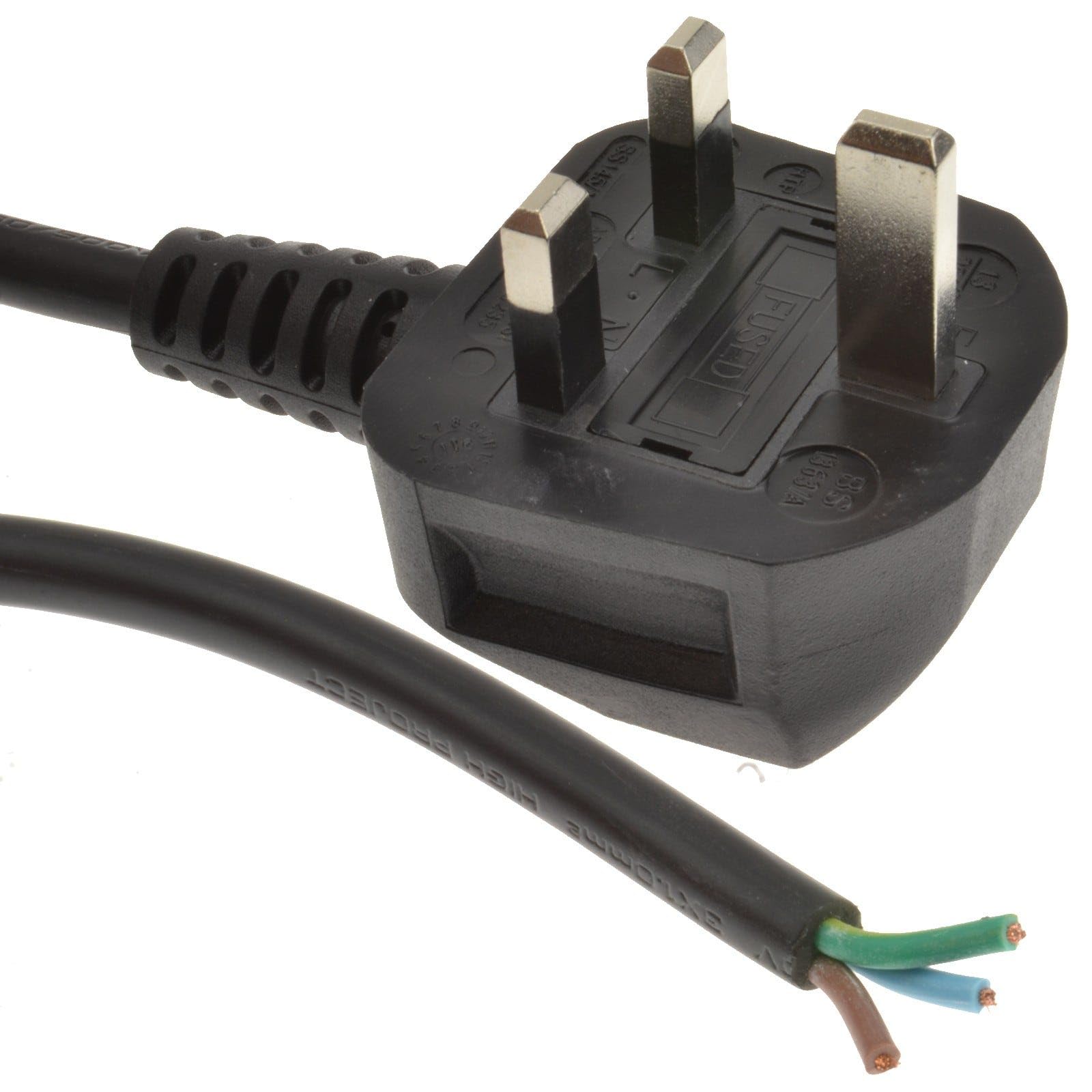 kenable Power Cable UK Plug 13A Fused to Stripped Bare Ended Wire 1.0mm² 3 Core Mains Lead VDE Approved 2m Black