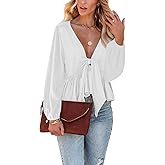 Fanway&EC Women's Long Sleeve V Neck Blouses Babydoll Tie Front Shirts Ruffle Hem Casual Crop Tops
